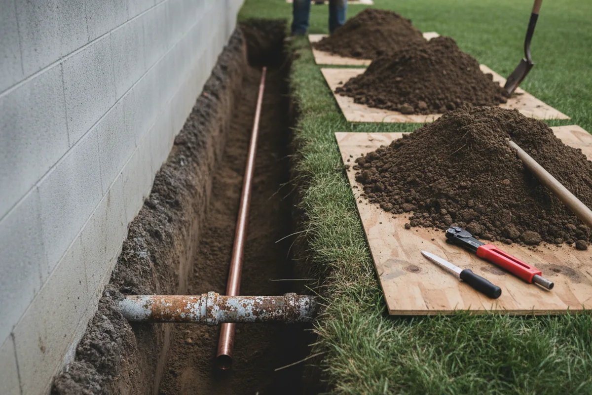 Excavated water line trench during Sewer Line Repair in Lynndyl